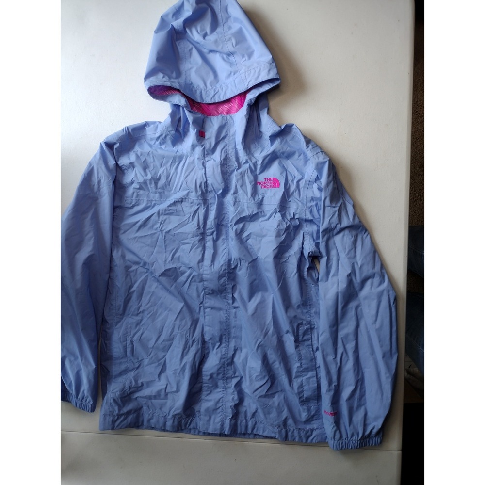 The North Face Girls XL 18 HyVent Rain Jacket Blue Pink‎ Hooded Mesh Lined Shell